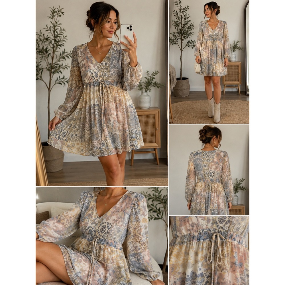 Cato Paisley Patchwork Mesh Babydoll Dress V-Neck Long Sleeve Earth Tones M